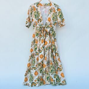 Vintage Hermes Authentic Linen Wrap Midi Dress Fleurs De L’Opera 40 Flowers